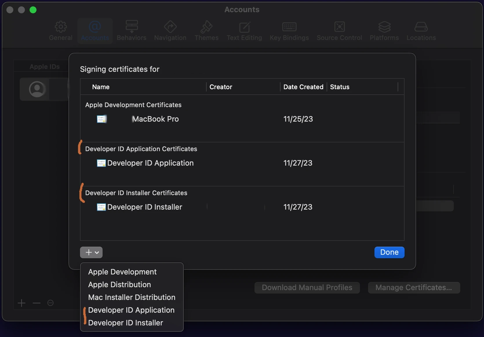 Certificate screen in xcode